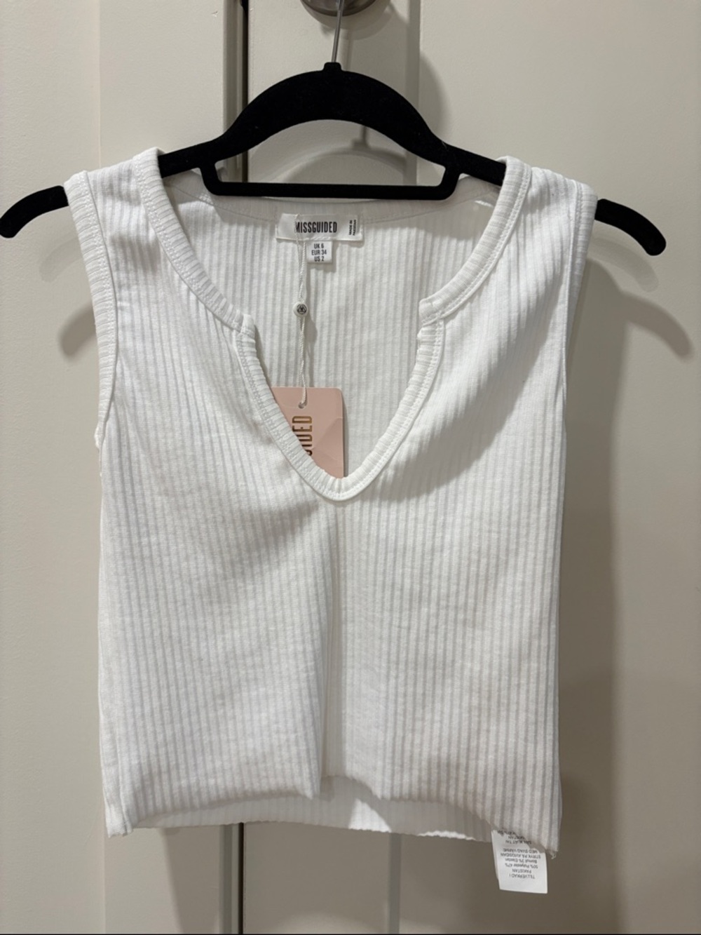 Missguided White Ribbed V-Notch Tank Top